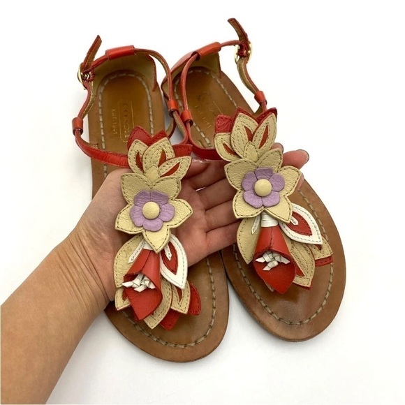 COACH Thong Sandals Sierra A8535 Flowers Orange Leather Sz 5B - Picture 3 of 8